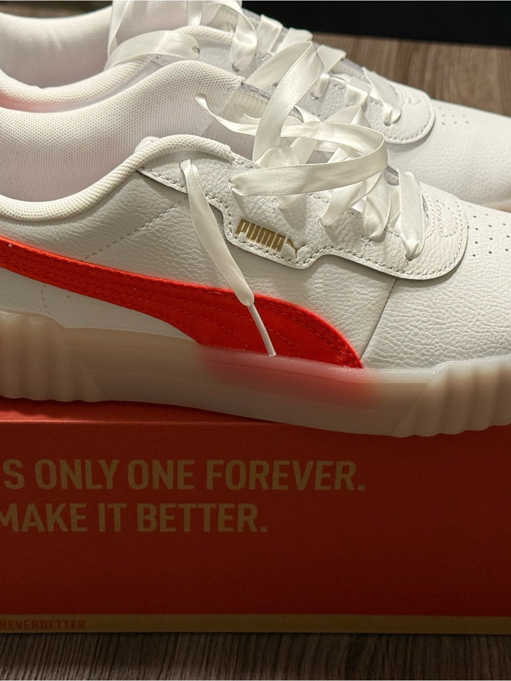 Puma Women’s, White Sneakers with Red Stripe and Gold Logo